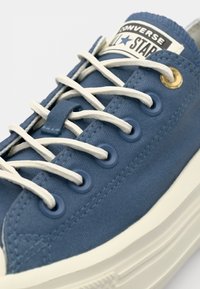 Baskets en toile bleue avec des lacets blancs. Présente des œillets bleus et un accent en métal doré. Comprend un patch logo signature sur la languette.