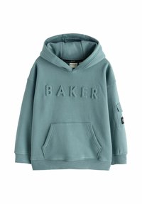 Világoskék kapucnis pulóver melegítő anyagból, dombornyomott "BAKER" felirattal, elöl kenguruzsebbel és bal ujjon zsebbel.