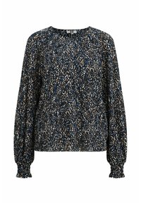 Chemisier à manches longues en marine avec un motif à taches multicolores. Présente une coupe décontractée et des poignets froncés pour plus de détails.