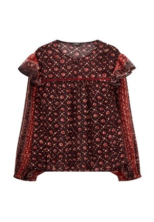 Bluzka z długim rękawem, zwiewna, w ciemnoczerwone i bordowe kwiatowe oraz geometryczne wzory, z okrągłym dekoltem i falbankami na ramionach.