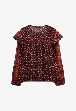 Bluzka z długim rękawem, zwiewna, w ciemnoczerwone i bordowe kwiatowe oraz geometryczne wzory, z okrągłym dekoltem i falbankami na ramionach.