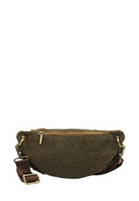 Sac bandoulière en imprimé léopard avec un extérieur en tissu marron, zip doré et sangle réglable. Présente une surface douce et texturée.