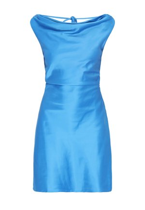 Blaues, ärmelloses Satinkleid mit drapiertem Ausschnitt und dünnen, sich kreuzenden Trägern am Rücken, knielang und tailliert.