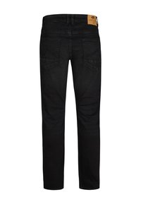 Zwarte spijkerbroek van denim met een rechte pasvorm. Kenmerken zijn onder andere twee achterzakken van het type patch, een getailleerd leren label in bruin op de taille, en geen zichtbare slijtage.