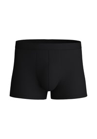Zwarte boxershorts van glad, elastisch materiaal met een gevulde tailleband en een gevormde pouch voor ondersteuning. Geen zichtbare patronen of accenten.