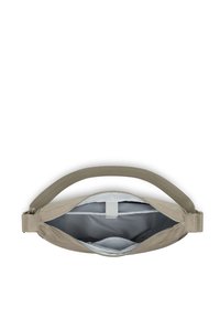 Borsa in tessuto beige con una grande apertura con zip. L'interno è foderato in materiale grigio chiaro e presenta tasche per l'organizzazione.