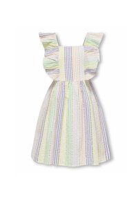 Gestreepte jurk met pasteltinten (geel, groen, paars) met een getailleerde bodice en rimpelbandjes, zachte textuur en een uitlopende rok.