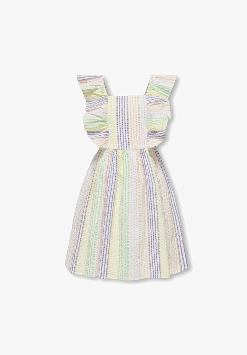 Gestreepte jurk met pasteltinten (geel, groen, paars) met een getailleerde bodice en rimpelbandjes, zachte textuur en een uitlopende rok.