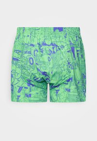 Boxeri verzi cu un design complicat în nuanțe de albastru, reprezentând diverse personaje și modele fanteziste pe întreaga țesătură. Include un elastic la talie.