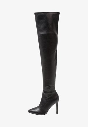 Black leather thigh-high boot with a sleek finish, pointed toe, and stiletto heel, featuring a seamless design and smooth texture.
