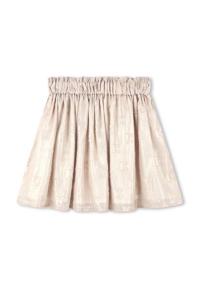 Jupe beige clair avec une ceinture élastique froncée, présentant un motif subtilement en relief et un design fluide et évasé.