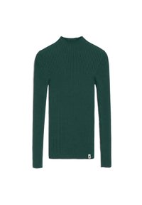 Maglione a collo alto a costine di color verde scuro, maniche lunghe, realizzato in tessuto testurizzato con una forma aderente e un piccolo logo ricamato sull'orlo.
