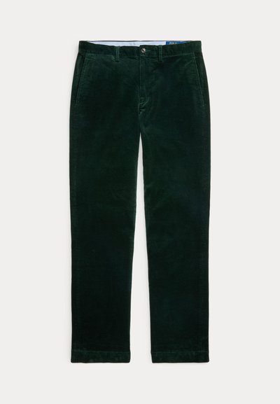 Calças de veludo cotelê verdes com uma textura suave, design de perna reta, dois bolsos frontais e fecho de botão.