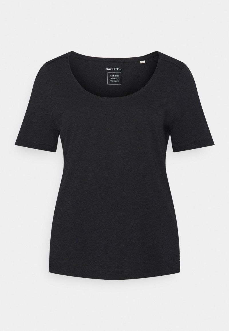 T-shirt noir à manches courtes pour femmes avec encolure dégagée, en tissu biologique, étalé à plat sur un fond blanc.