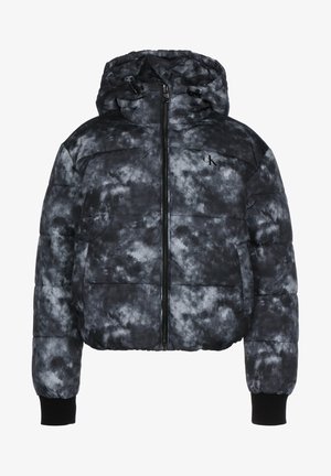 Padded jacket in black and gray tie-dye pattern, featuring a zip front, hood, and elastic cuffs for warmth and comfort.