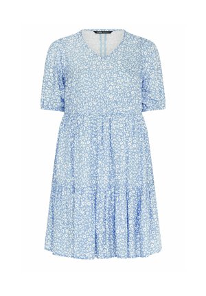 Lichtblauwe jurk met korte mouwen, wit klein bloemenprint, V-halslijn en gelaagde rok.