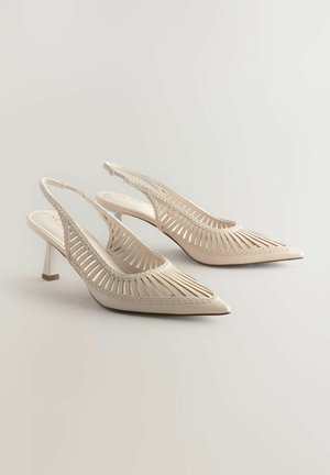 Beezid slingback-kõrged kontsad terava ninaga, millel on lõigatud triibuline disain, kudumise detailide ja väikese plokkkontsaga. Sile pind.