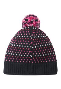 Pleteni beanie u tamnosivoj boji s prilagođenim rebrastim pojasom, ukrašen šarenim srcima u ružičastoj i bijeloj boji, s višebojnom pom-pom na vrhu.