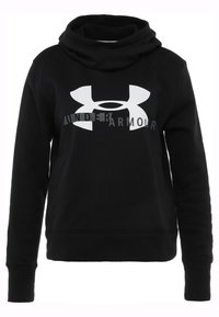 Haut à capuche noir en tissu doux, présentant un grand logo Under Armour blanc à l'avant, un col montant et de longues manches.