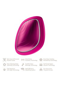 Appareil facial rose avec un design ergonomique élégant et une surface texturée. Intègre plusieurs technologies pour améliorer les soins de la peau.