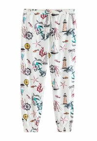 Bílé pyžamové kalhoty s námořnickým potiskem majáků, kotev, ryb a plachetnic v modrých, růžových a korálových barvách. Elastický pás.