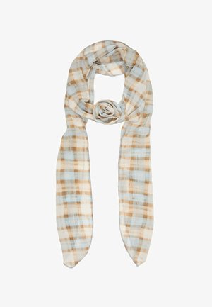 Let ternet tørklæde med beige, blå og brune striber, arrangeret med en roselignende snoet knude i midten og to løse ender, der hænger ned.