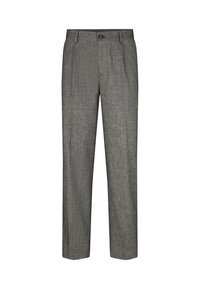 Pantaloni da uomo grigi su misura con pieghe frontali, passanti per cintura e chiusura con bottone su sfondo bianco.