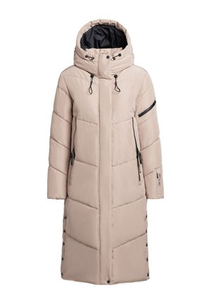 Beżowy długi puchowy płaszcz z kapturem, z haftem w zygzak, czarnymi akcentami przy zamku błyskawicznym, bocznymi kieszeniami i zapięciem na zatrzaski u dołu.