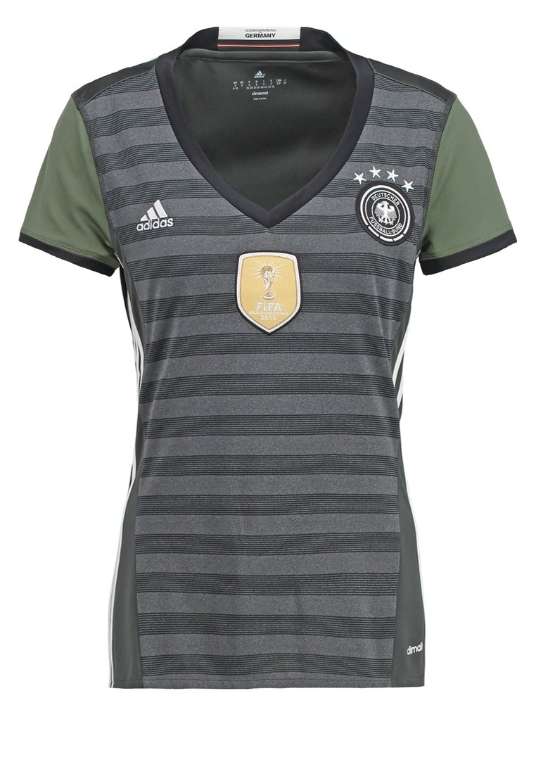 Koszulka piłkarska Niemiec, ciemnoszara z zielonymi akcentami, dekolt w serek, poziome paski, odznaka FIFA, logo Adidas, materiał oddychający.