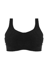 Black cropped top with a textured, gathered design. Features wide shoulder straps and a smooth finish. No visible hardware or embellishments.