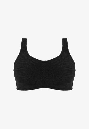 Schwarzes, kurz geschnittenes Top mit einem strukturierten, gerafften Design. Verfügt über breite Träger und eine glatte Oberfläche. Keine sichtbaren Beschläge oder Verzierungen.