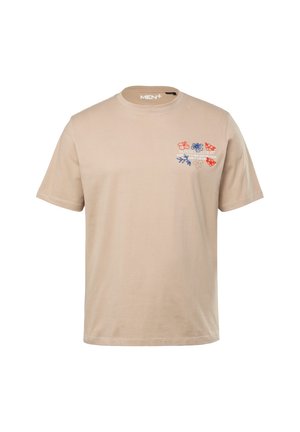 Beige Baumwoll-T-Shirt mit kurzen Ärmeln, das auf der linken Brust farbenfrohe Blumenstickerei zeigt. Klassisches Rundhals-Design.