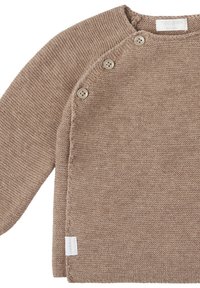 Brauner Strickbaby-Pullover mit langen Ärmeln, drei Knöpfen an der Schulter und einem kleinen Stoffetikett an der unteren Seite.