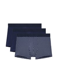 Pantaloni boxer di colore blu navy scuro. Tessuto liscio con diverse fantasie: tinta unita, vita testurizzata e stampa geometrica su un paio.