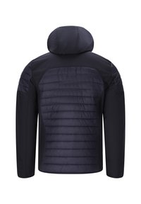 Mörkblå jacka med ett kviltat mönster på ryggen, slät tyg på axlarna och en huva. Har långa ärmar och en figurnära design.