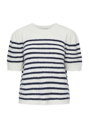 Striped knit sweater in cream and navy. Short puff sleeves, round neckline, and a relaxed fit. Soft texture with distinct horizontal stripes.