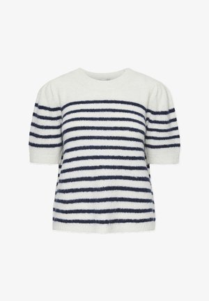 Stripet strikkegenser i krem og marineblå. Korte puffede ermer, rund hals og en avslappet passform. Myk tekstur med distinkte horisontale striper.