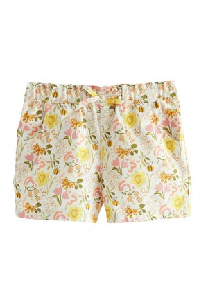 Shorts pour enfants à taille élastique avec un imprimé floral et papillons en rose, jaune et orange, dotés de poches avant et d'un nœud décoratif.