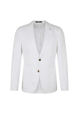 Witte op maat gemaakte blazer met twee voorzakken, twee knopen en een geknipte revers. Zachte stof met een gladde textuur en subtiele glans.
