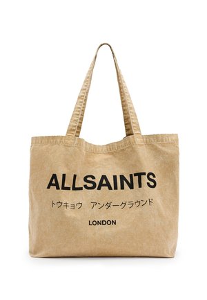 Beige canvas tas met lange hengsels, bedrukt met "ALLSAINTS," Japanse karakters en "LONDON" in zwarte letters aan de voorkant.