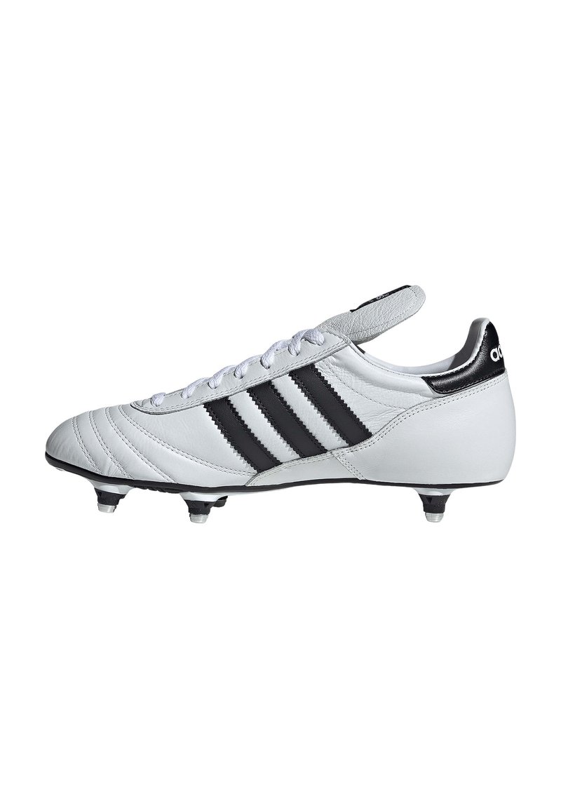 White leather soccer cleat featuring three black stripes, rounded toe, and a textured surface. Includes a lace-up design and a padded ankle.