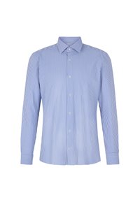 Camicia a righe blu chiaro con maniche lunghe, colletto button-down e chiusura con bottoni frontale. Presenta righe bianche verticali su tessuto liscio.
