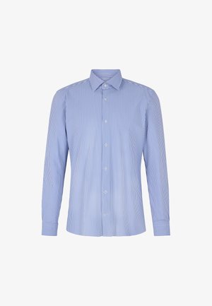 Lichtblauwe gestreepte overhemd met lange mouwen, button-down kraag en voor sluiting met knopen. Heeft verticale witte strepen op een gladde stof.