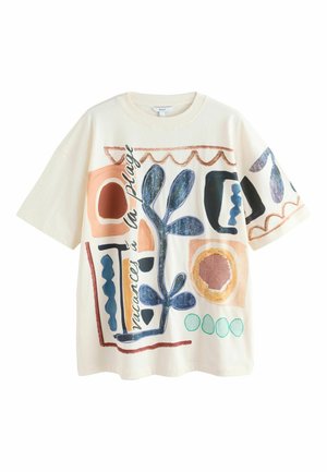 Cream-colored t-shirt featuring abstract designs in blue, orange, and green, with short sleeves and a relaxed fit. Decorative stitching accents.
