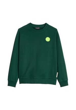 Sweat-shirt vert foncé à manches longues avec poignets et ourlet côtelés, présentant un petit motif de balle de tennis jaune-vert vif sur la poitrine gauche.