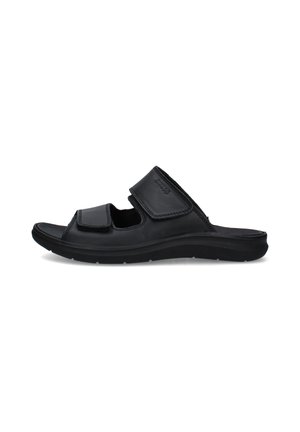 Sandalo nero open toe con due cinturini regolabili in velcro e suola sagomata per comfort e supporto, vista laterale.