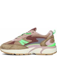 Sneakers featuring a blend of brown, pink, and grey materials, with green accents, textured fabric, and a chunky sole design.