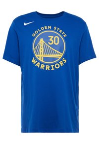 Modré bavlněné tričko s kulatým grafikou zobrazující žlutý most, texty "30", "GOLDEN STATE" a "WARRIORS" ve žluté barvě.