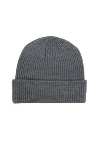 Berretto lavorato a maglia grigio con una trama a coste e un risvolto piegato. Presenta una parte superiore arrotondata con un design senza cuciture. Materiale leggero e flessibile.