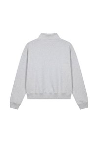 Sweat-shirt gris clair à manches longues avec col montant et poignets et ourlet côtelés, vu de dos.